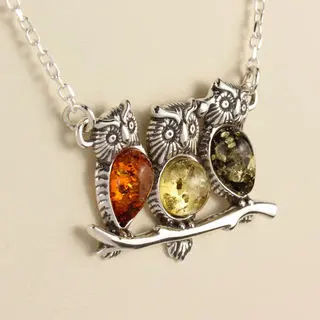 Baltic Amber Owls On a Branch Sterling Silver Necklace