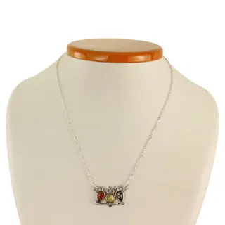 Sterling Silver Multicoloured Baltic Amber Owls Necklace