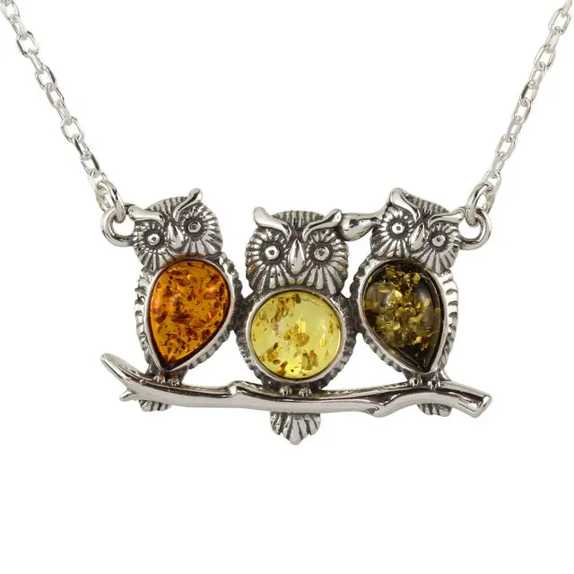 Multicoloured Baltic Amber Owls Sterling Silver Necklace