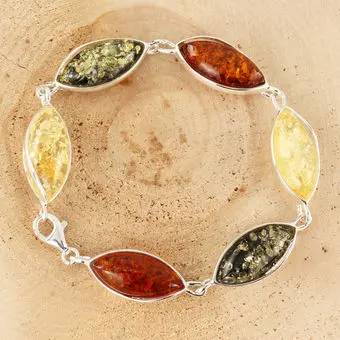 Marquise Cut Multicoloured Baltic Amber Sterling Silver Bracelet Marquise Cut Multicoloured Baltic Amber Sterling Silver Bracelet