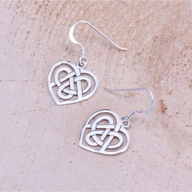 Celtic Design Heart Drop Earrings Sterling Silver