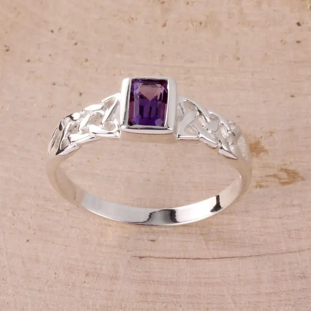 Celtic Sterling Silver Ring Set With Genuine Amethyst