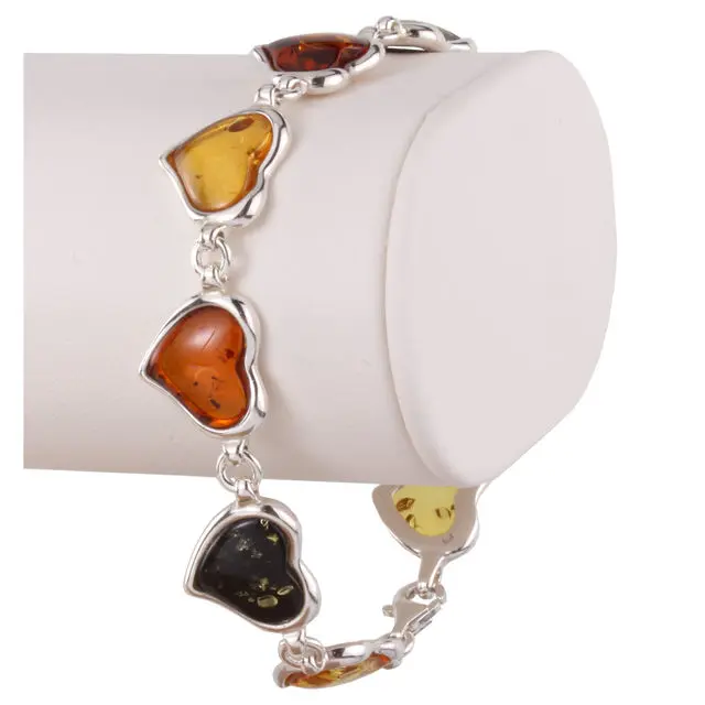 Multicoloured Baltic Amber Sterling Silver Hearts Bracelet