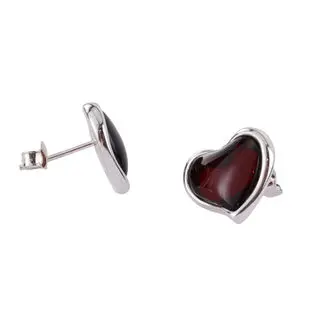 Heart Shaped Cherry Baltic Amber Sterling Silver Earrings