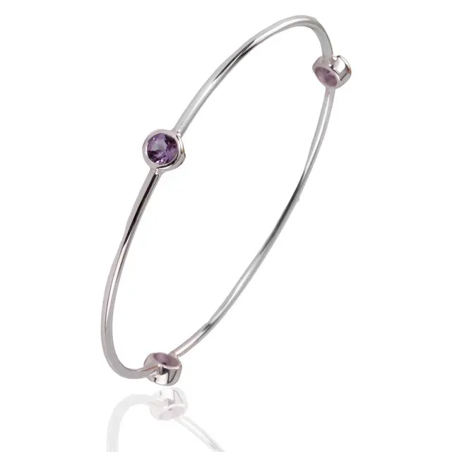 Sterling Silver Bangle Set With Three Amethysts