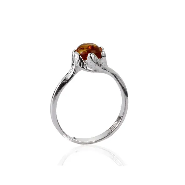 Leaf Design Setting Solitaire Baltic Amber Ring