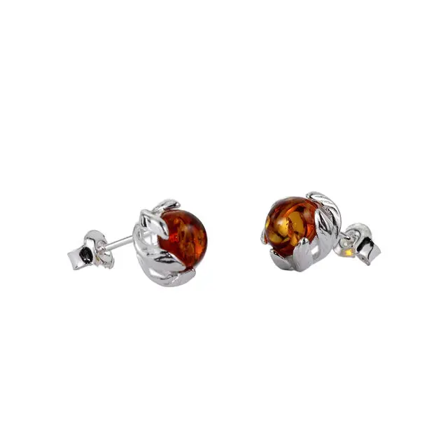 Round Golden Baltic Amber Stud Earrings