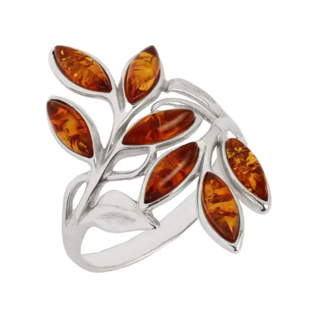 Multi Leaves Sterling Silver Baltic Amber Ring 