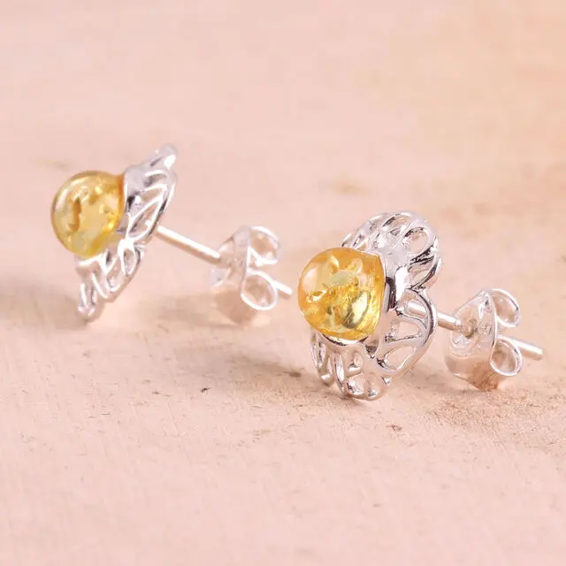 Cut Out Design Lemon Baltic Amber Stud Earrings