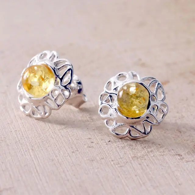 Round Lemon Baltic Amber Stud Earrings