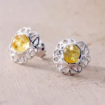 Lemon Baltic Amber Cut Out Pattern Sterling Silver Studs Lemon Baltic Amber Cut Out Pattern Sterling Silver Studs