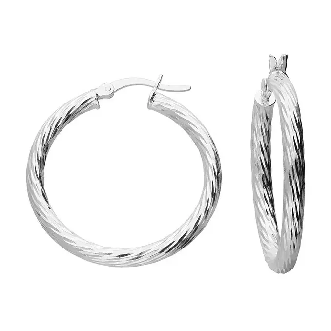 thumbnail image 2 of 925 Sterling Silver Twist Creole Hoop Earrings - 20mm Diameter, Hinged Closure, Nickel-Free, Made In USA 2 of 6