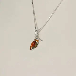 925 Sterling Silver Kingfisher Pendant - Multicoloured Baltic Amber. Honey, Lemon & Green