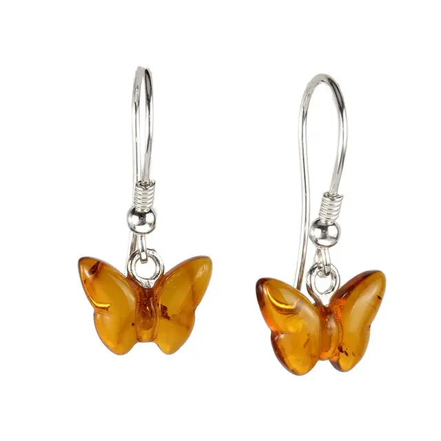 Honey Baltic Amber Sterling Silver Butterfly Drop Earrings