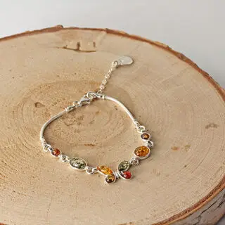 Multicoloured Baltic Amber Butterfly Adjustable Sterling Silver Bracelet