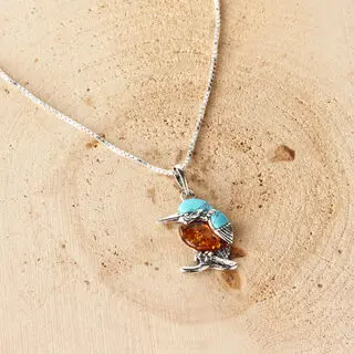 Sterling Silver Kingfisher Pendant With Turquoise and Baltic Amber