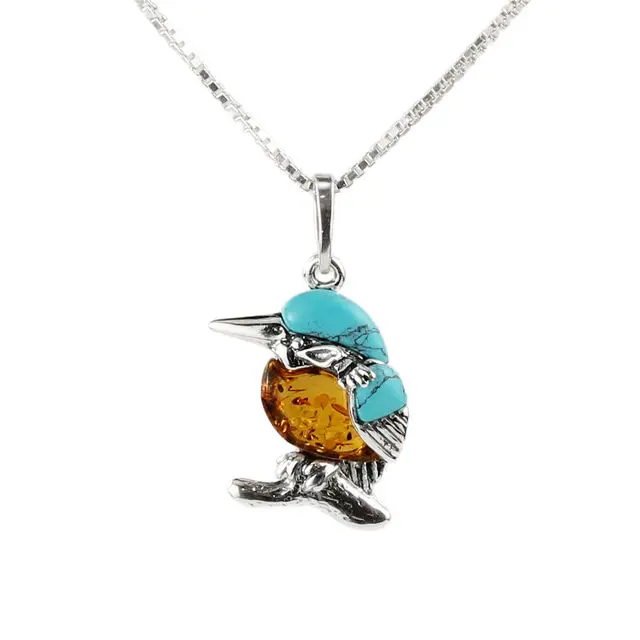 Turquoise Baltic Amber Kingfisher Pendant