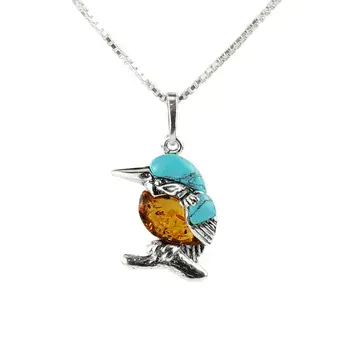 Turquoise and Baltic Amber Sterling Silver Kingfisher Pendant