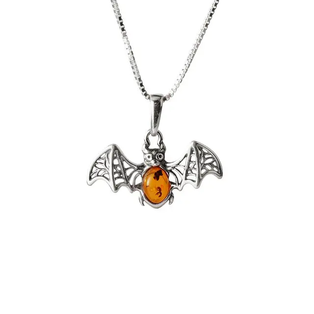 Honey Baltic Amber Sterling Silver Bat Pendant