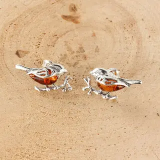 Baltic Amber Robin Sterling Silver Stud Earrings