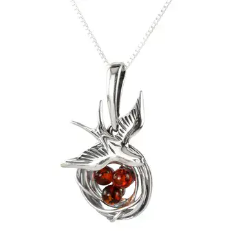 Baltic Amber Swallow With Nest Pendant Sterling Silver
