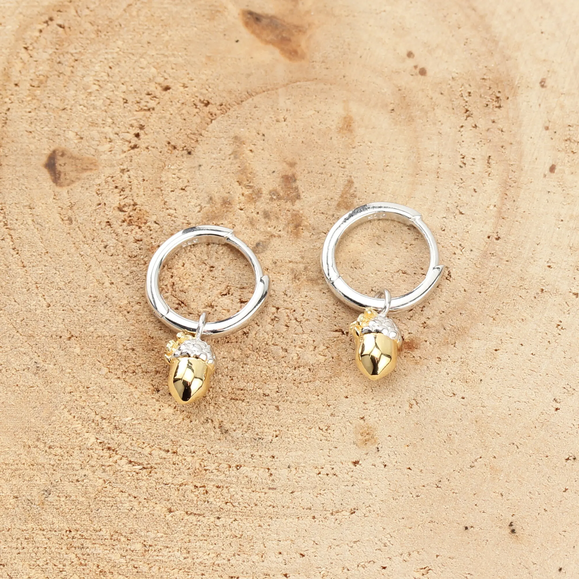 Acorn 925 Sterling Silver Gold Plated Huggie Hoop Earrings
