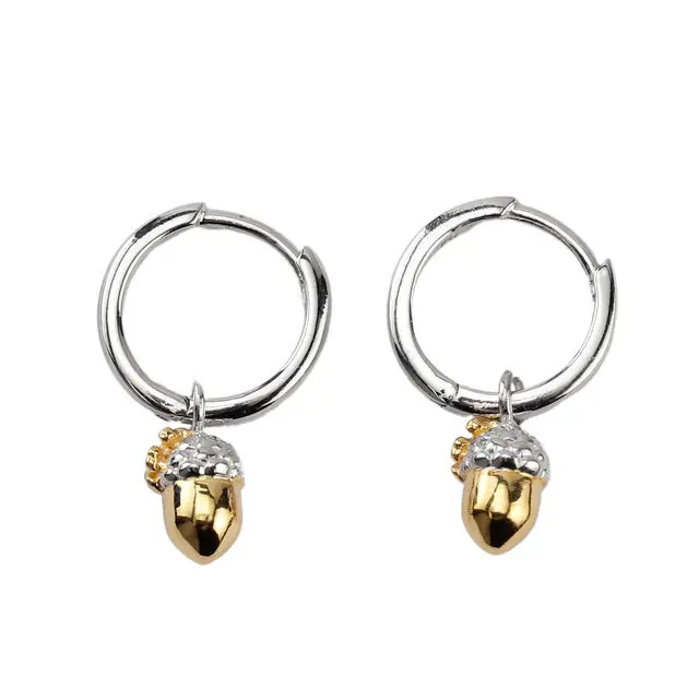 18ct Yellow Gold Plated 925 Sterling Silver Acorn Huggie Hoop Earrings