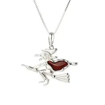 Witch Pendant Cherry Baltic Amber 925 Sterling Silver Flying Witch On Broomstick Witch Pendant Cherry Baltic Amber 925 Sterling Silver Flying Witch On Broomstick