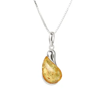 Lemon Baltic Amber Droplet Pendant 925 Sterling Silver