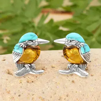 Kingfisher Stud Earrings Turquoise and Honey Baltic Amber