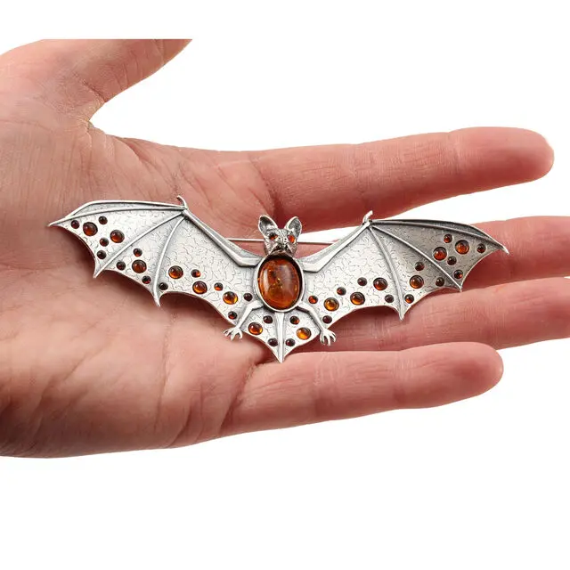 Large Bat Brooch 925 Sterling Silver Baltic Amber