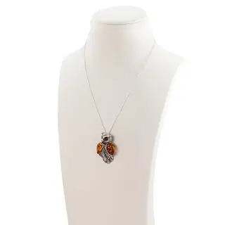 925 Sterling Silver Baltic Amber Owl Pendant