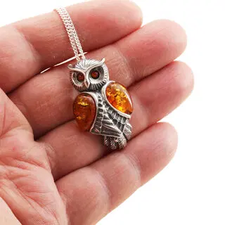 Large Baltic Amber Sterling Silver Owl Necklace