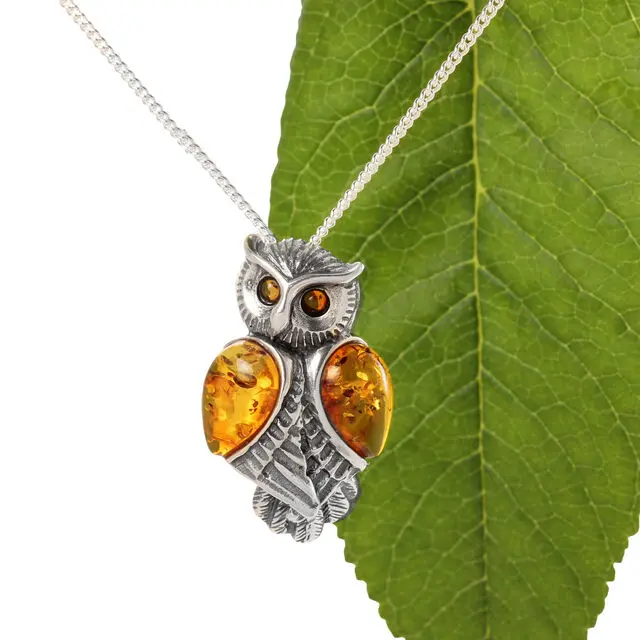 925 Sterling Silver Owl Pendant Baltic Amber