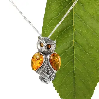 Baltic Amber Owl Pendant 925 Sterling Silver