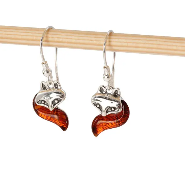 Baltic Amber Fox Earrings 925 Sterling Silver