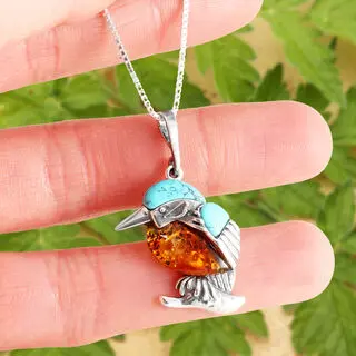 925 Sterling Silver Turquoise And Baltic Amber Kingfisher Pendant