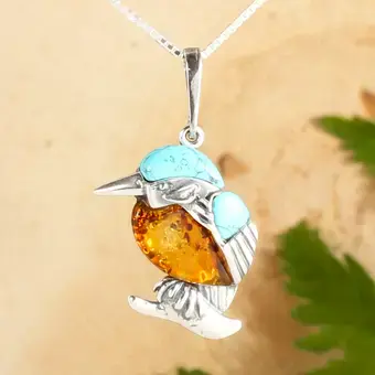 Medium Baltic Amber and Turquoise Kingfisher Pendant