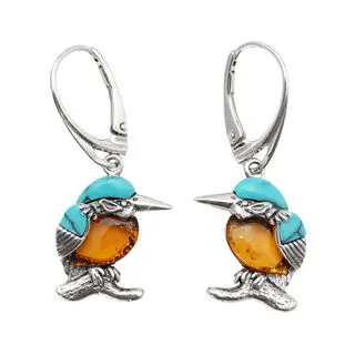 Turquoise Kingfisher with Baltic Amber Earrings