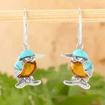 Turquoise Kingfisher and Baltic Amber Lever Back Earrings