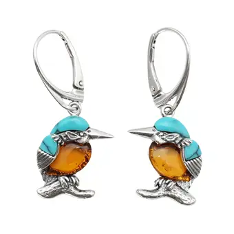 Turquoise Kingfisher and Baltic Amber Lever Back Earrings
