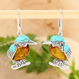 Turquoise and Batlic Amber Kingfisher Large Earrings