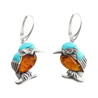 Large Turquoise Kingfisher and Baltic Amber Lever Back Earrings