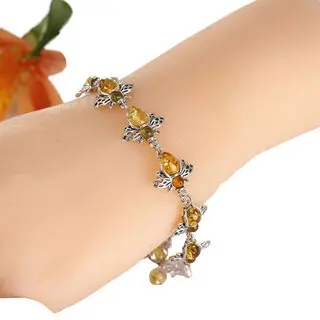 925 Sterling Silver Lemon Baltic Amber Bees Bracelet