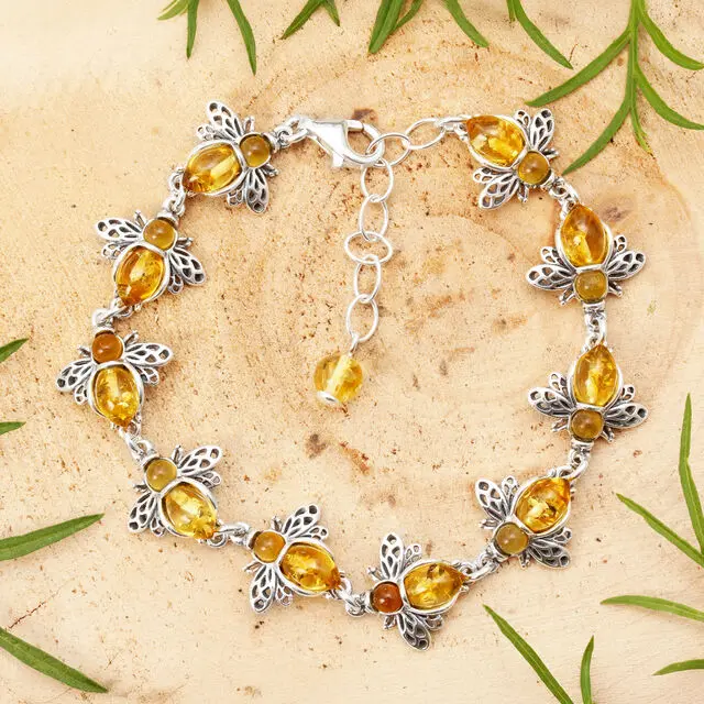 925 Sterling Silver Lemon Baltic Amber 10 Bee Bracelet