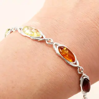 Adjustable Baltic Amber Multi Coloured 925 Sterling Silver Bracelet