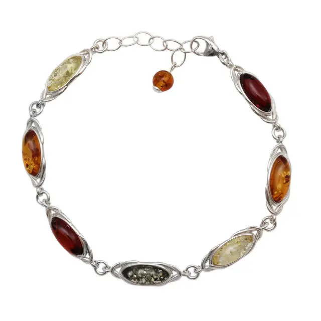 Multi Coloured Baltic Amber 925 Sterling Silver Adjustable Bracelet