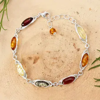 Adjustable Multi Coloured Baltic Amber Celtic Knot Bracelet 925 Sterling Silver