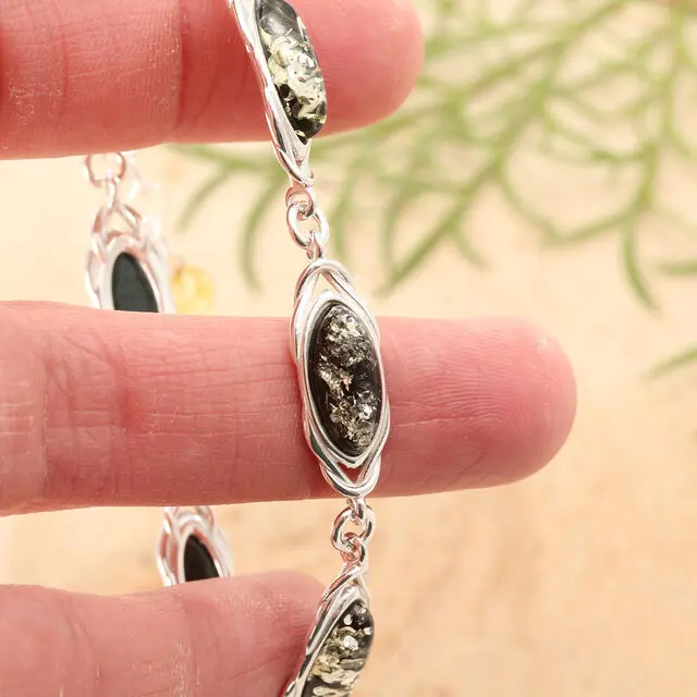 925 Sterling Silver Green Baltic Amber Celtic Bracelet