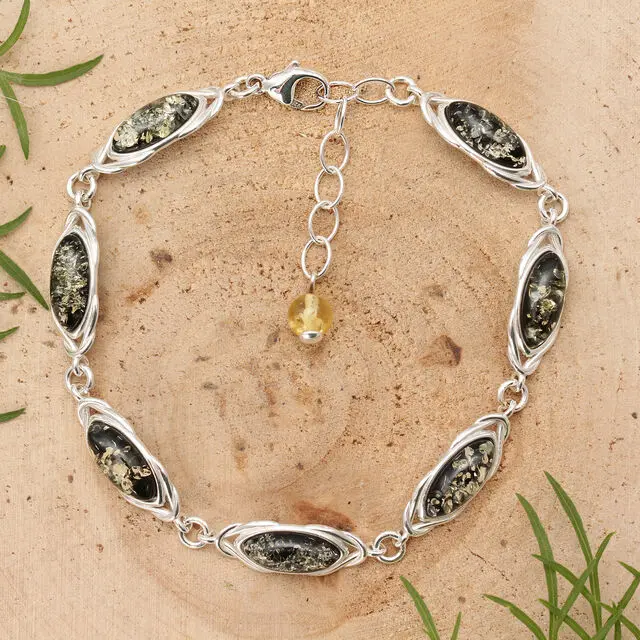 Adjustable Green Baltic Amber Celtic 925 Sterling Silver Bracelet